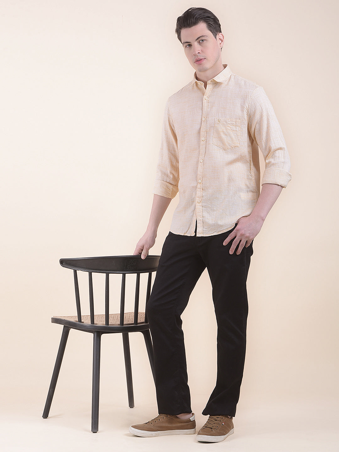  Yellow Slim Fit Self Design Full Sleeve Casual Shirt