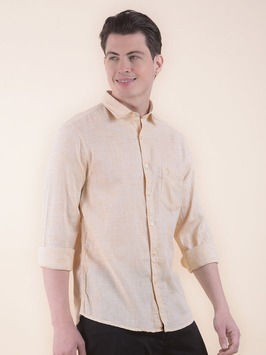 Men's Yellow Slim Fit Self Design Full Sleeve Casual Shirt