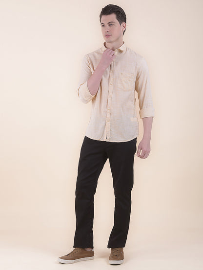 Men's Yellow Slim Fit Self Design Full Sleeve Casual Shirt