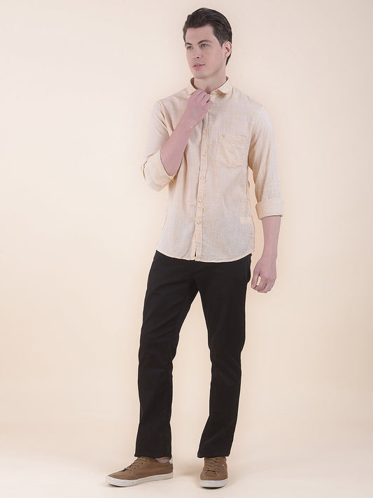 Men's Yellow Slim Fit Self Design Full Sleeve Casual Shirt