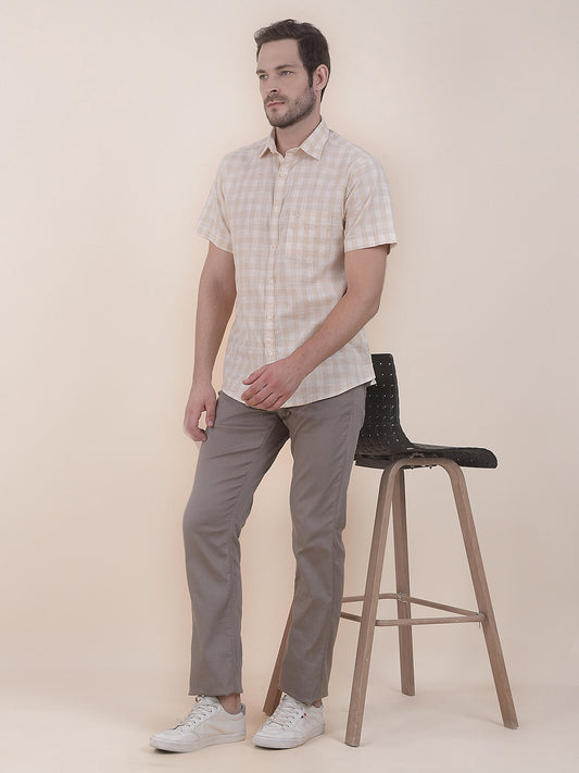  Beige Slim Fit Checkered Half Sleeve Casual Shirt