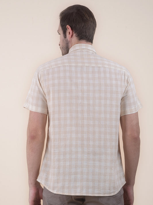 Men's Beige Slim Fit Checkered Half Sleeve Casual Shirt