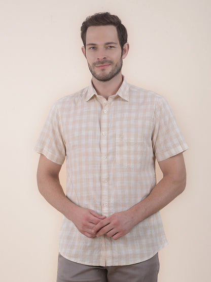 Men's Beige Slim Fit Checkered Half Sleeve Casual Shirt
