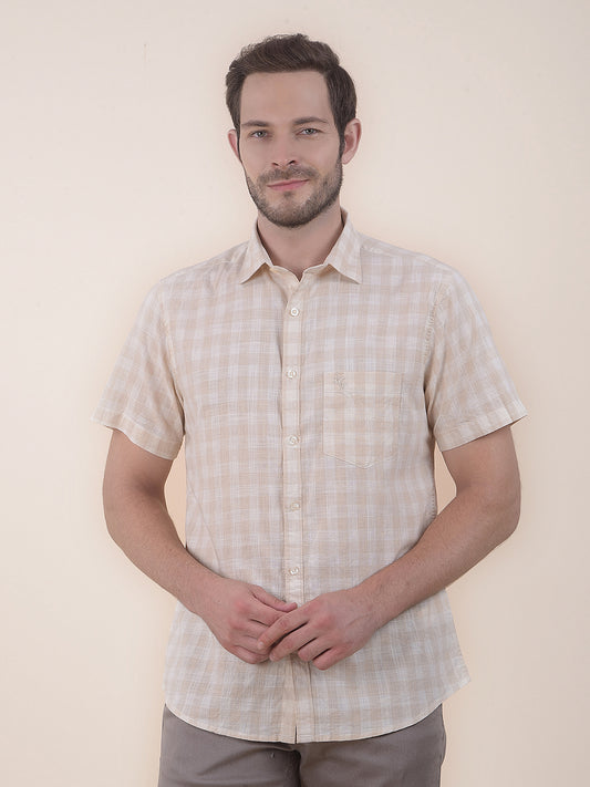 Men's Beige Slim Fit Checkered Half Sleeve Casual Shirt