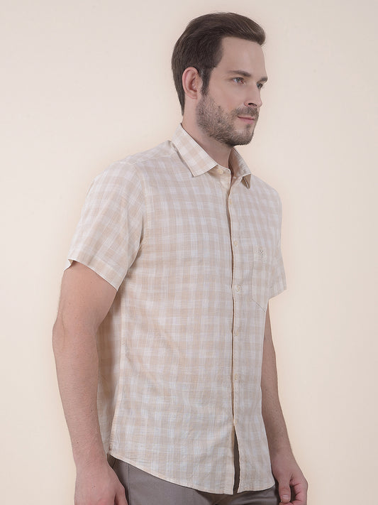 Men's Beige Slim Fit Checkered Half Sleeve Casual Shirt