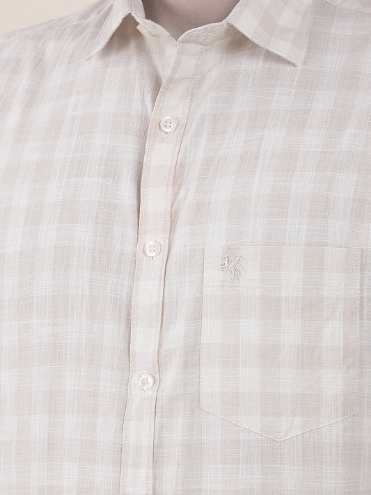 Men's Beige Slim Fit Checkered Half Sleeve Casual Shirt