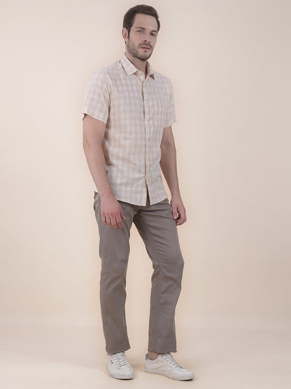 Men's Beige Slim Fit Checkered Half Sleeve Casual Shirt