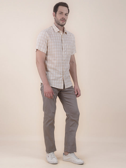 Men's Beige Slim Fit Checkered Half Sleeve Casual Shirt