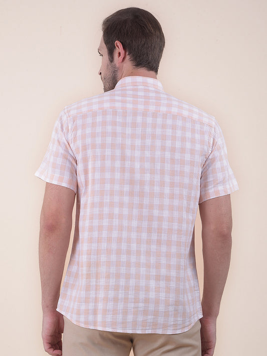 Men's Orange Slim Fit Checkered Half Sleeve Casual Shirt