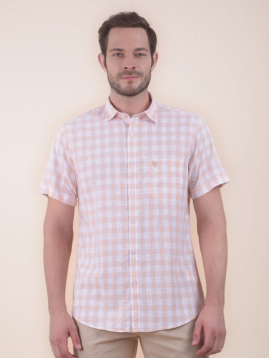 Men's Orange Slim Fit Checkered Half Sleeve Casual Shirt