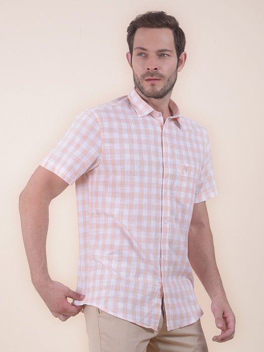 Men's Orange Slim Fit Checkered Half Sleeve Casual Shirt