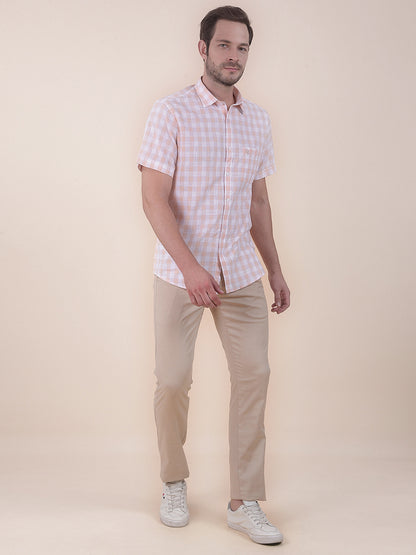Men's Orange Slim Fit Checkered Half Sleeve Casual Shirt