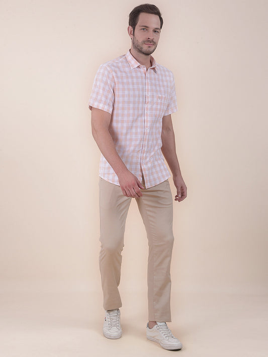 Men's Orange Slim Fit Checkered Half Sleeve Casual Shirt