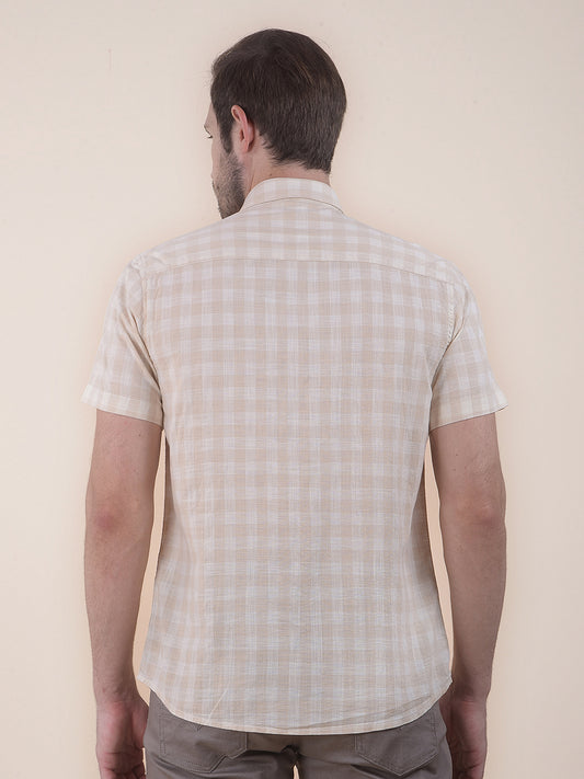 Men's Beige Slim Fit Checkered Half Sleeve Casual Shirt