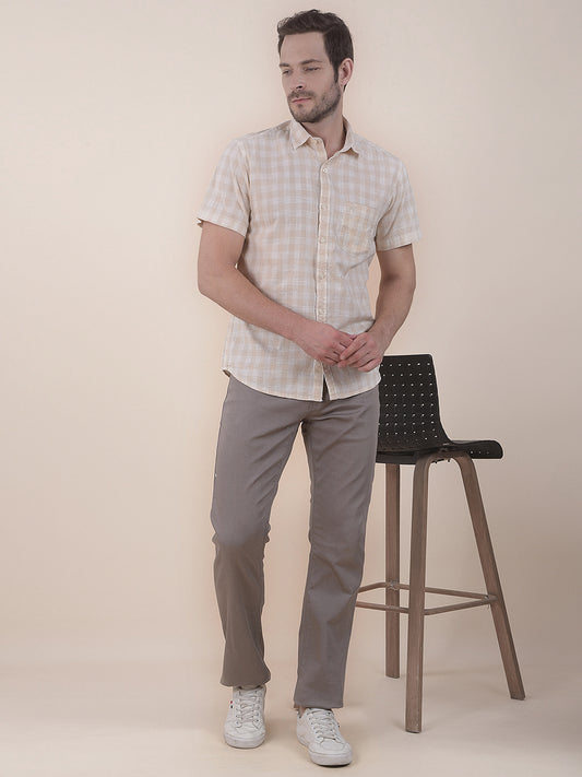  Beige Slim Fit Checkered Half Sleeve Casual Shirt