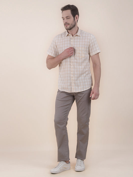Men's Beige Slim Fit Checkered Half Sleeve Casual Shirt