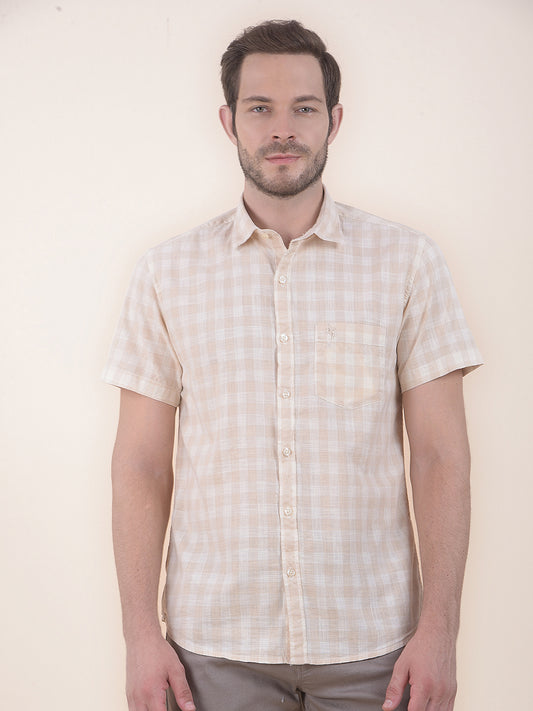 Men's Beige Slim Fit Checkered Half Sleeve Casual Shirt