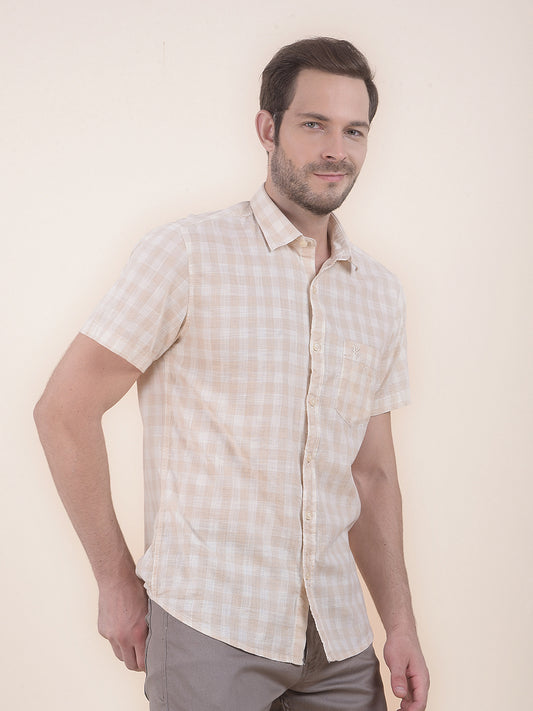 Men's Beige Slim Fit Checkered Half Sleeve Casual Shirt
