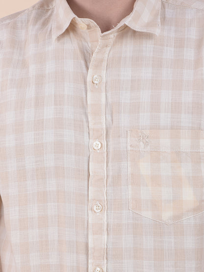 Men's Beige Slim Fit Checkered Half Sleeve Casual Shirt