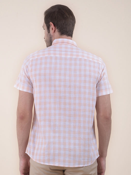 Men's Orange Slim Fit Checkered Half Sleeve Casual Shirt