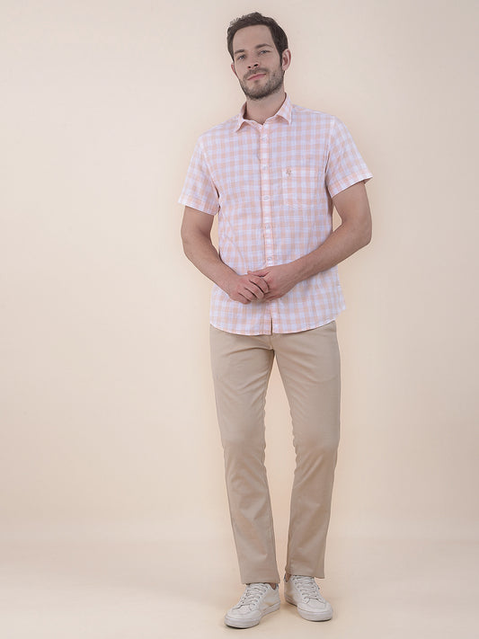Men's Orange Slim Fit Checkered Half Sleeve Casual Shirt