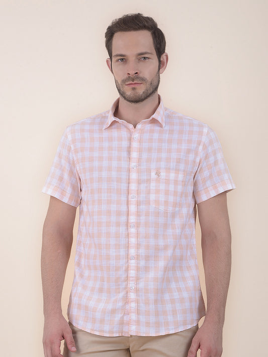 Men's Orange Slim Fit Checkered Half Sleeve Casual Shirt