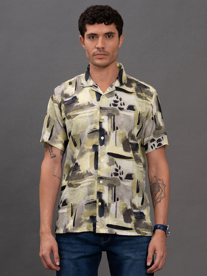 Men's Olive Printed Slim Fit Full Sleeve Casual Shirt