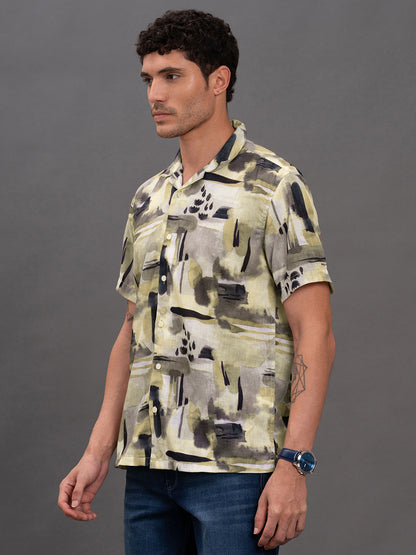 Men's Olive Printed Slim Fit Full Sleeve Casual Shirt