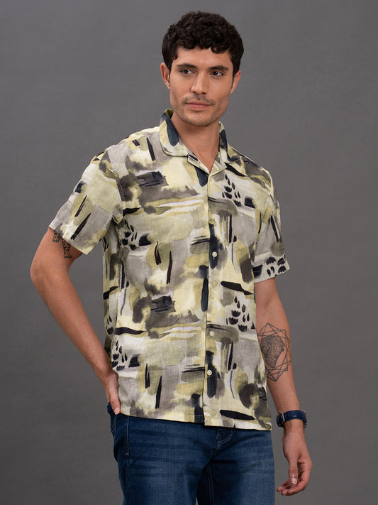 Men's Olive Printed Slim Fit Full Sleeve Casual Shirt