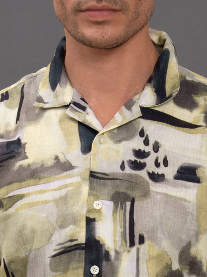 Men's Olive Printed Slim Fit Full Sleeve Casual Shirt