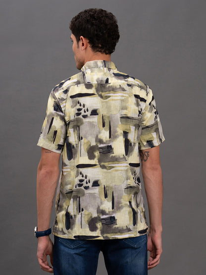 Men's Olive Printed Slim Fit Full Sleeve Casual Shirt