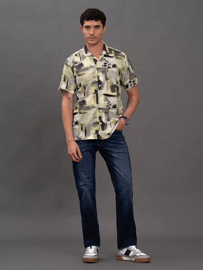 Men's Olive Printed Slim Fit Full Sleeve Casual Shirt