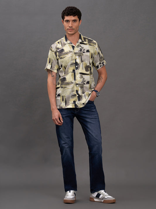 Men's Olive Printed Slim Fit Full Sleeve Casual Shirt