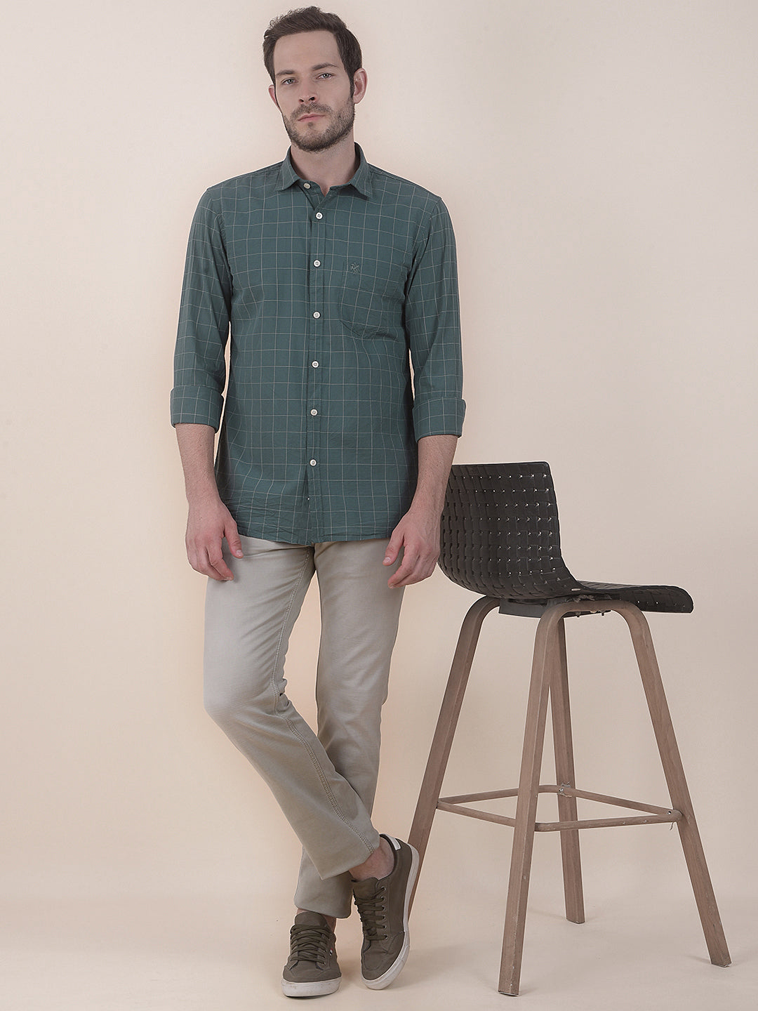  Green Slim Fit Checkered Full Sleeve Casual Shirt
