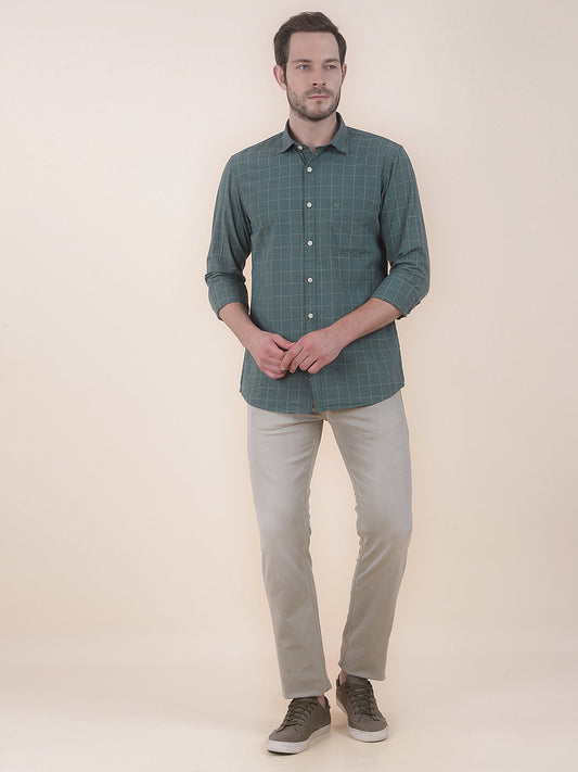 Men's Green Slim Fit Checkered Full Sleeve Casual Shirt