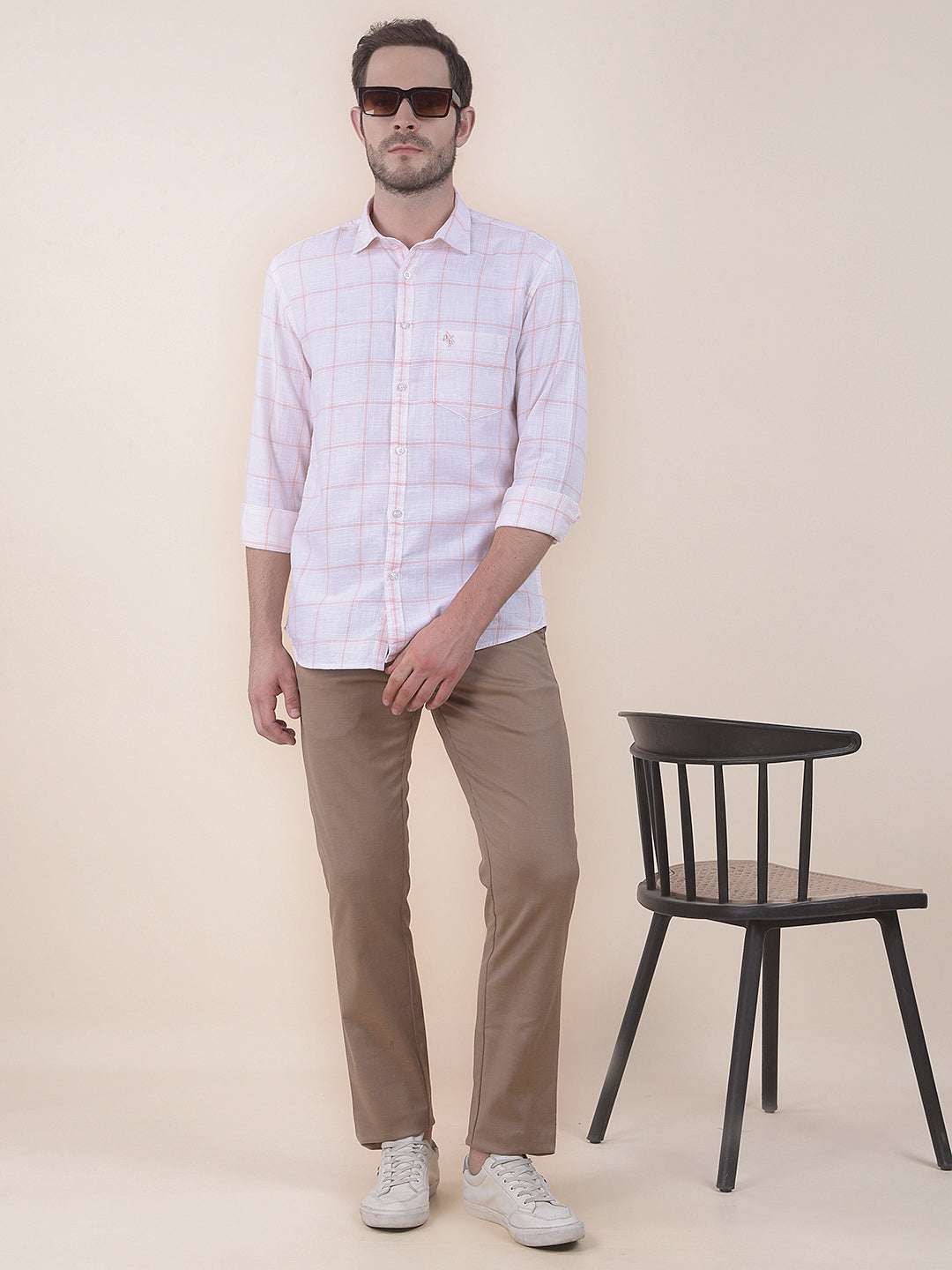  Peach Slim Fit Checkered Full Sleeve Casual Shirt