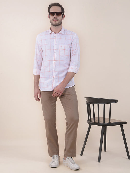  Peach Slim Fit Checkered Full Sleeve Casual Shirt