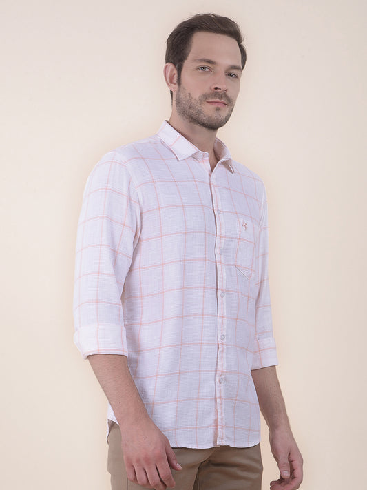 Men's Peach Slim Fit Checkered Full Sleeve Casual Shirt