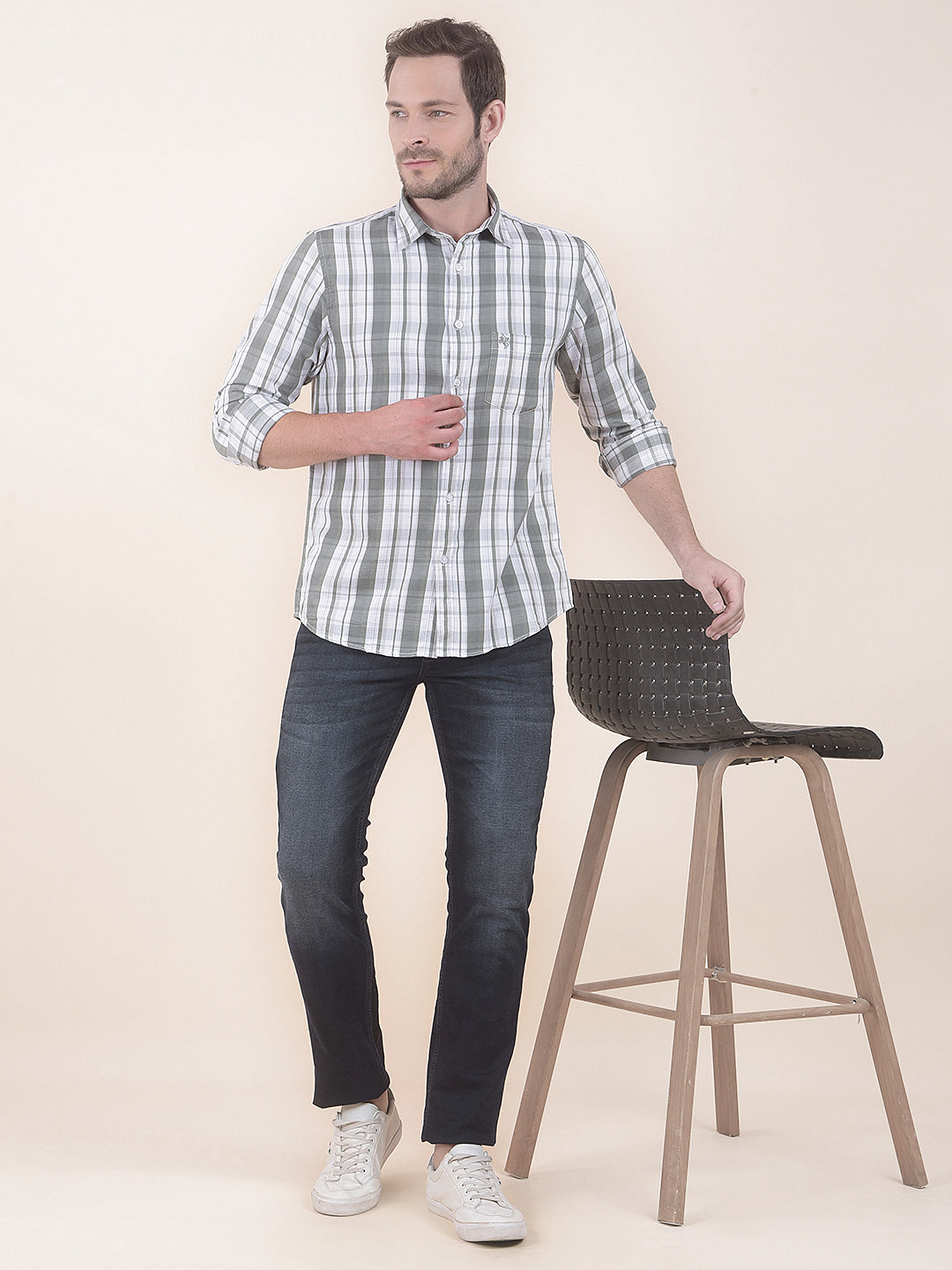  Olive Slim Fit Checkered Full Sleeve Casual Shirt