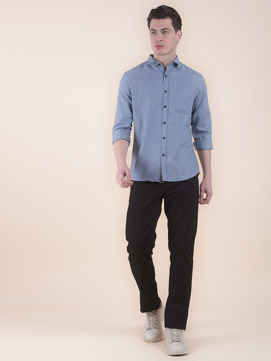 Men's Blue Slim Fit Self Design Full Sleeve Casual Shirt