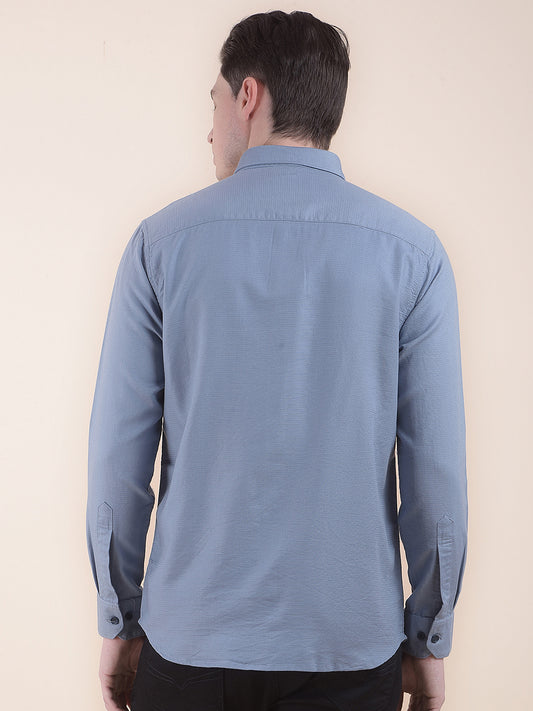 Men's Blue Slim Fit Self Design Full Sleeve Casual Shirt