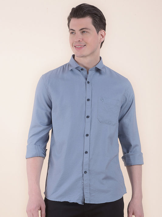 Men's Blue Slim Fit Self Design Full Sleeve Casual Shirt
