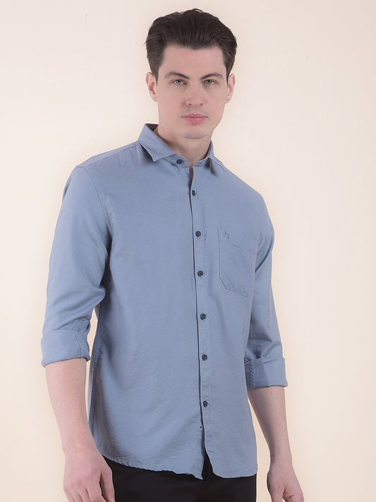 Men's Blue Slim Fit Self Design Full Sleeve Casual Shirt