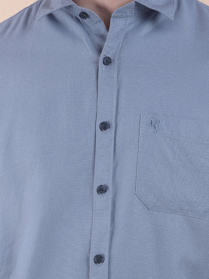 Men's Blue Slim Fit Self Design Full Sleeve Casual Shirt