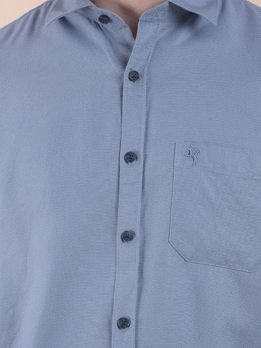 Men's Blue Slim Fit Self Design Full Sleeve Casual Shirt