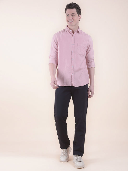 Men's Pink Slim Fit Self Design Full Sleeve Casual Shirt