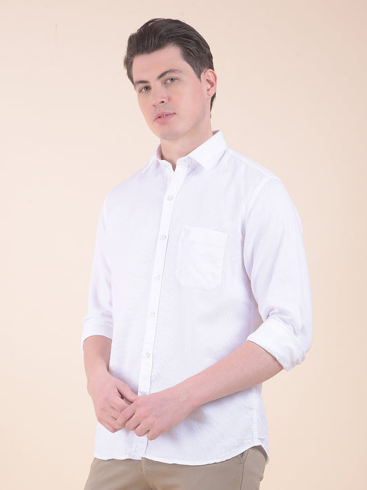  White Slim Fit Self Design Full Sleeve Casual Shirt