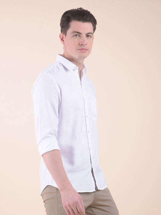 Men's White Slim Fit Self Design Full Sleeve Casual Shirt