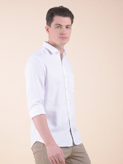Men's White Slim Fit Self Design Full Sleeve Casual Shirt