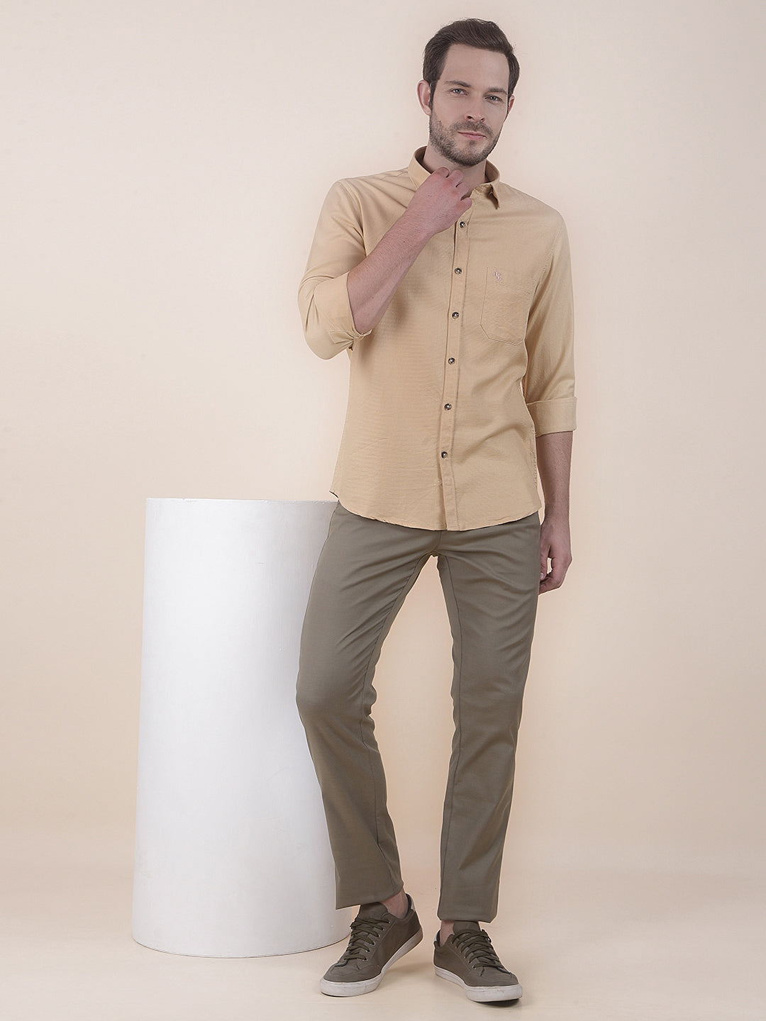  Yellow Slim Fit Self Design Full Sleeve Casual Shirt